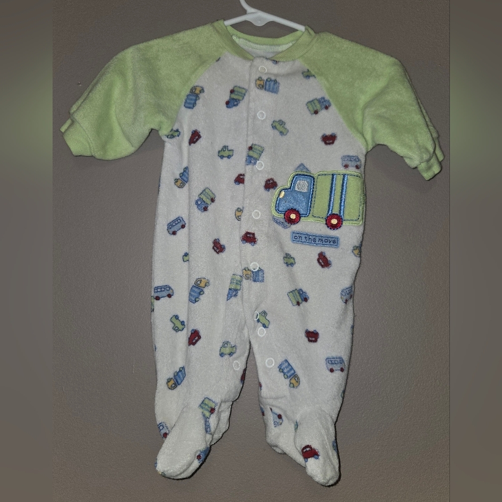 Child of Mine Vintage Green and White Footie with Vehicle Design